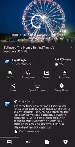 A screenshot of a Legal Eagle YouTube video as shown in the Android app PipePipe, which is failing to continue with playback due to an error message, "YouTube forces us to wait two seconds before continuing playback." A screenshot of a Legal Eagle YouTube video as shown in the Android app PipePipe, which is failing to continue with playback due to an error message, "YouTube forces us to wait two seconds before continuing playback."