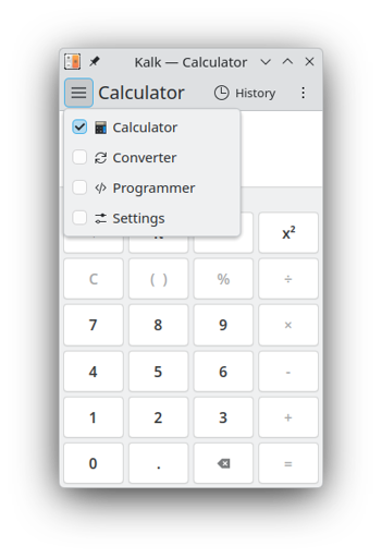 Screenshot of Kalk with the new menu